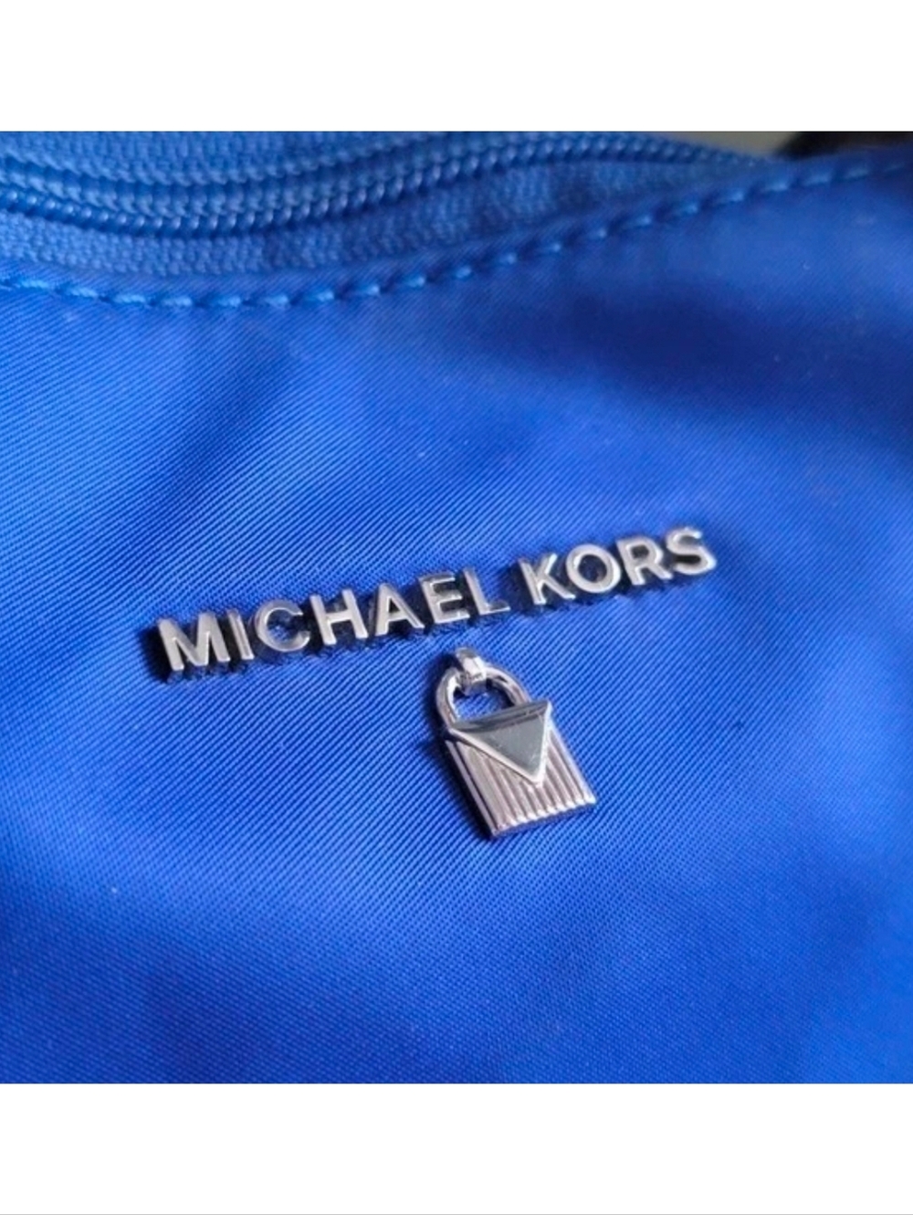 Michael Kors Kelsey Medium Tote Blue Tan Nylon Leather Bag - Picture 6 of 16